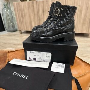 Chanel Shiny Calfskin Quilted Lace Up Combat Boots 38.5 Black